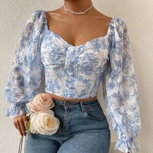 New SHEIN Blue & White Floral Puff-Sleeve Corset Crop Top - EVERYTHING MUST GO